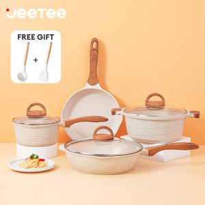 JEETEE Non Stick Cookware Set White Granite Periuk Set Murah 9PCS/6PCS Kitchen Cooking Set with Lid All Stoves Suitable Induction Compatible