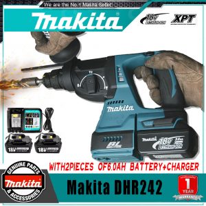 Makita DHR242 Rotary Hammer 18V LXT Brushless Cordless 24mm Rotary Hammer Rechargeable Electric Drill Power Tools(with 2 batteries + charger)