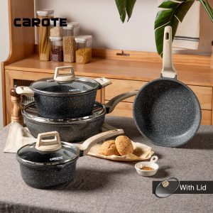 Carote Non Stick Cookware Set Kuali Batu Granite,Healthy Kitchen Cooking Pots and Pans Set with Induction Base, Non Stick 7pcs Die-Cast Durable Kithcenware,PFOA Free Periuk Set