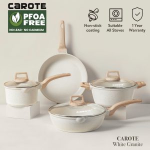 Carote Cosy/IceCream Collection Non Stick Cookware Set with Lid 7PCS Japanese Style Spout PFOA Free Non-Stick Coating Suitable All Stove Including Induction