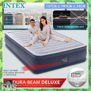 INTEX 67768 1.37 Meter DURA-BEAM Deluxe Fiber-Tech Technology 33CM Extra Thick Plush Dual Air Pillow System Inflatable Air Bed Air Mattress With Built-In Electric Pump
