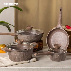 Carote Terra Collection Brown 7 PCS Family Combo Set Non Stick Cookware Marble Stone PFOA Free Suitable All Stove Including Induction Stove W/ Spouts