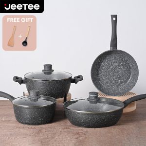 JEETEE 4 PCS Non Stick Kitchen Cookware Set 5 Layers Die-Cast Cooking Pots and Pans Set with Induction Base Set Periuk Tak Melekat Suitable for All Stoves Starry Black Collection
